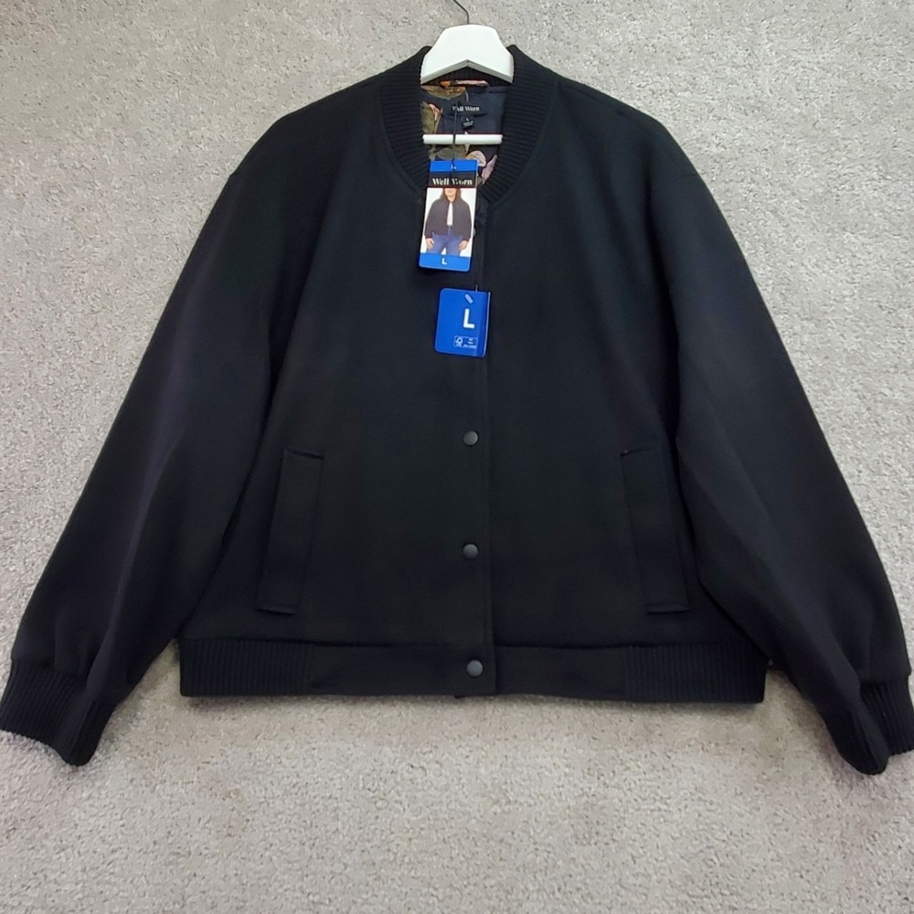 Well Worn Black Bomber Jacket Floral Lined‎ Snap Front Size L